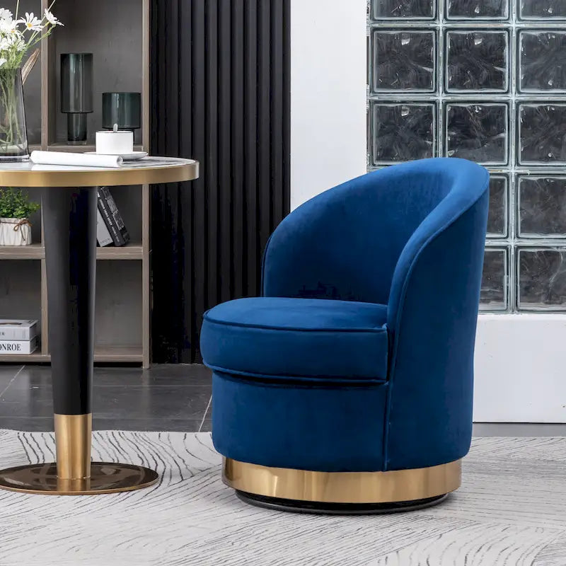 Fauteuil d'appoint moderne bleu 22 en velours rembourré avec base ronde pivotante en métal pour le salon