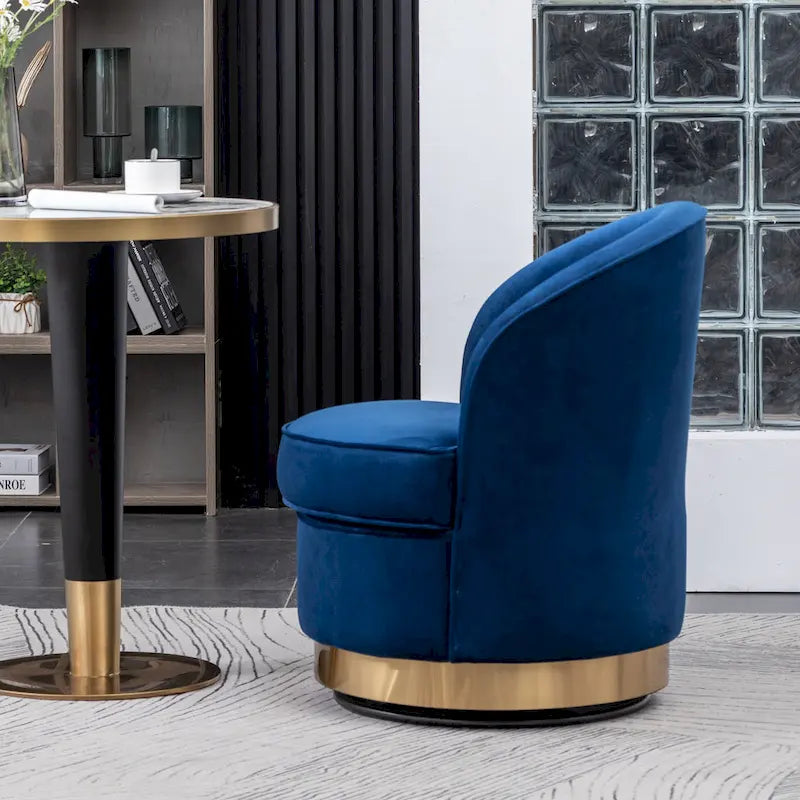 Blauer moderner 22-Zoll-Akzentstuhl mit Samtbezug und rundem, drehbarem Metallfuß für das Wohnzimmer
