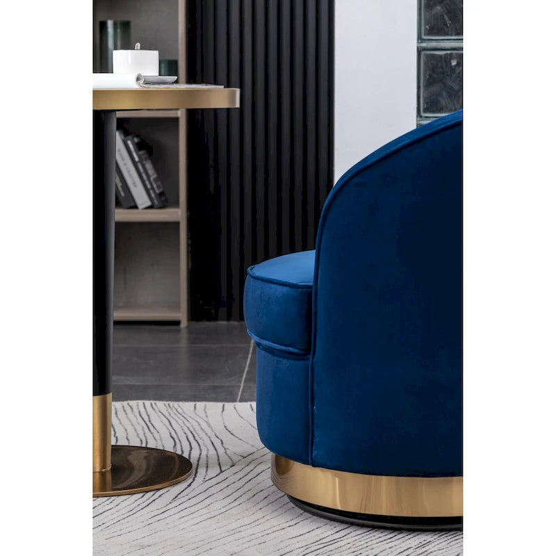 Fauteuil d'appoint moderne bleu 22 en velours rembourré avec base ronde pivotante en métal pour le salon