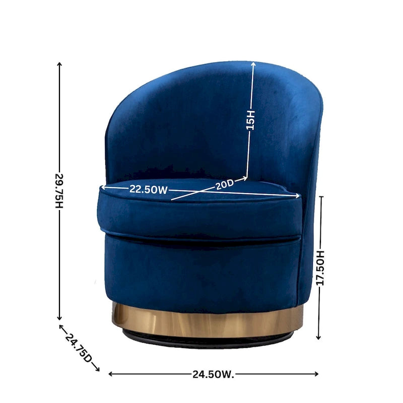 Fauteuil d'appoint moderne bleu 22 en velours rembourré avec base ronde pivotante en métal pour le salon