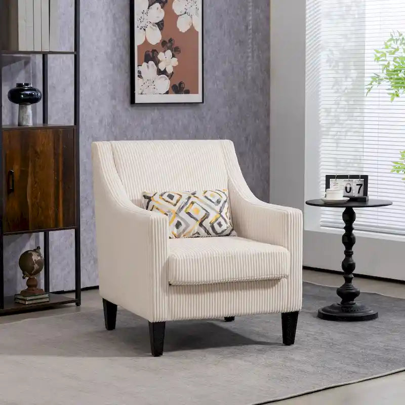 Fauteuil beige moderne 26.77 rembourré avec accoudoirs incurvés et pieds en bois d'hévéa pour le salon