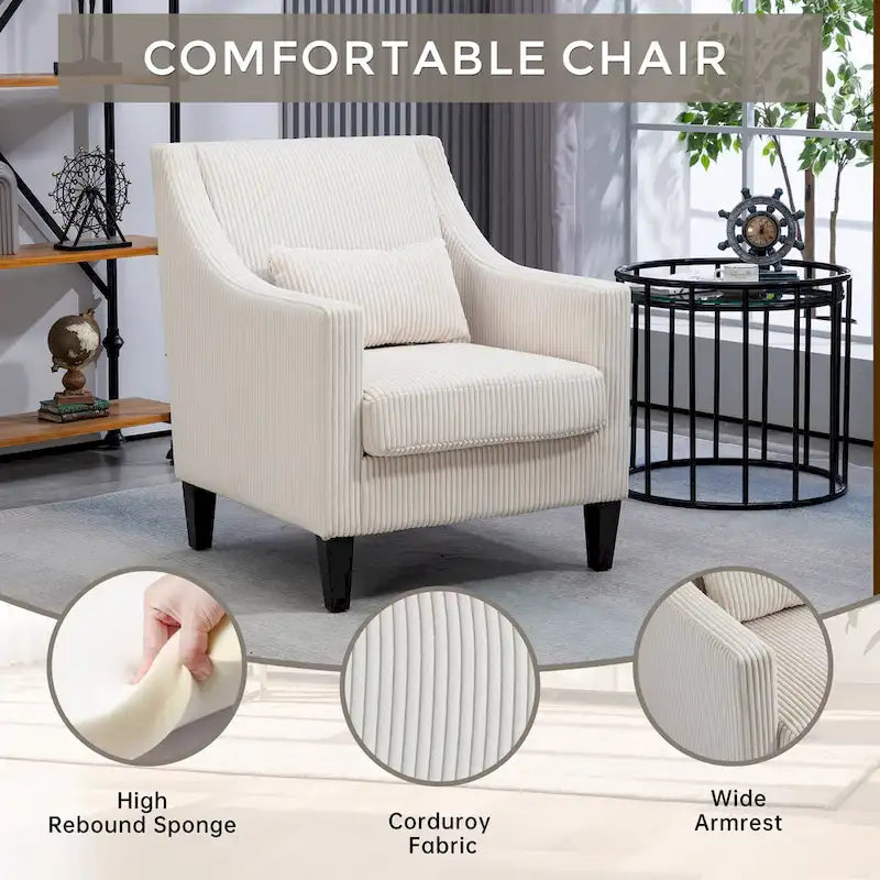 Fauteuil beige moderne 26.77 rembourré avec accoudoirs incurvés et pieds en bois d'hévéa pour le salon