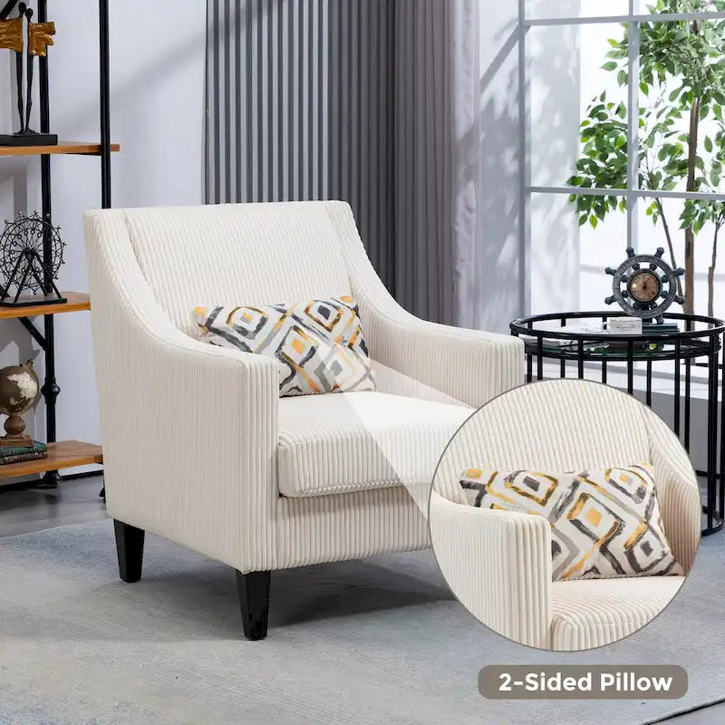 Fauteuil beige moderne 26.77 rembourré avec accoudoirs incurvés et pieds en bois d'hévéa pour le salon