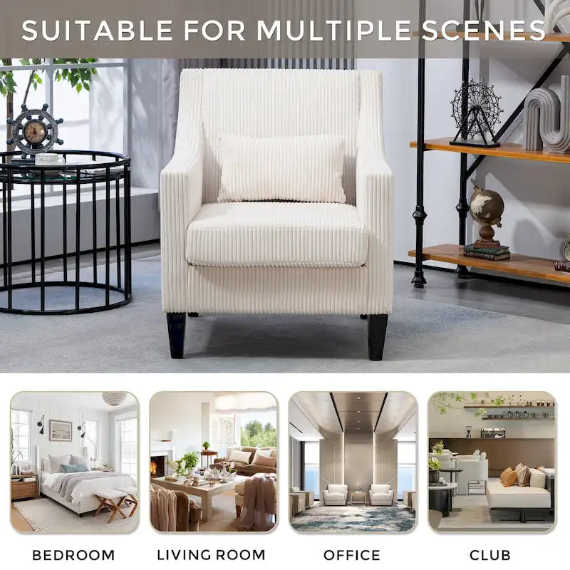Fauteuil beige moderne 26.77 rembourré avec accoudoirs incurvés et pieds en bois d'hévéa pour le salon