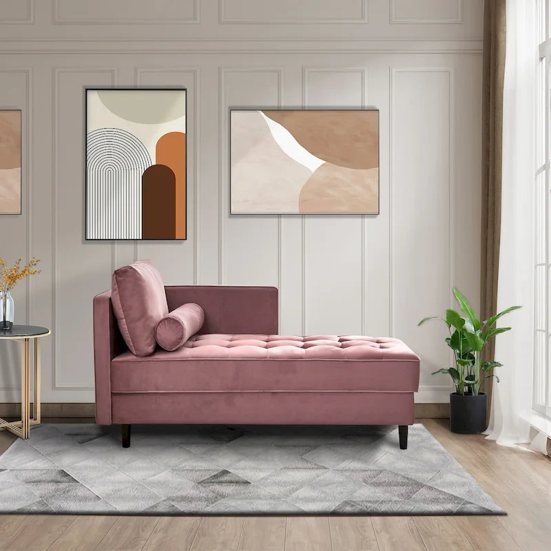 Chaise longue rose en velours capitonné de 64 pouces