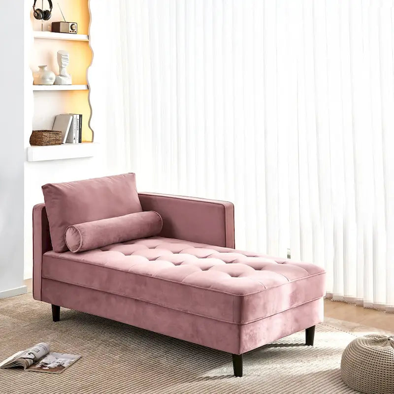 Rosa Samt-Chaiselongue mit Knopfsteppung, 64