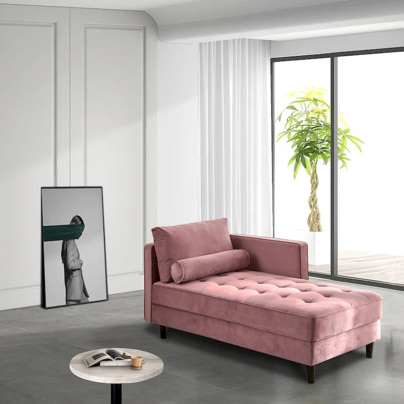Rosa Samt-Chaiselongue mit Knopfsteppung, 64