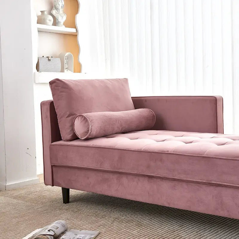 Chaise longue rose en velours capitonné de 64 pouces
