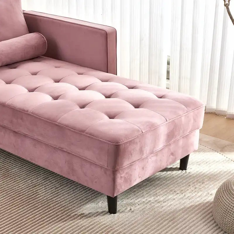 Chaise longue rose en velours capitonné de 64 pouces