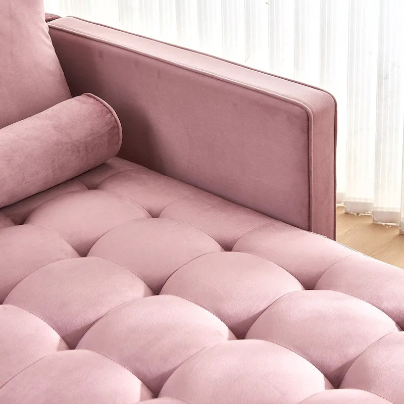 Chaise longue rose en velours capitonné de 64 pouces