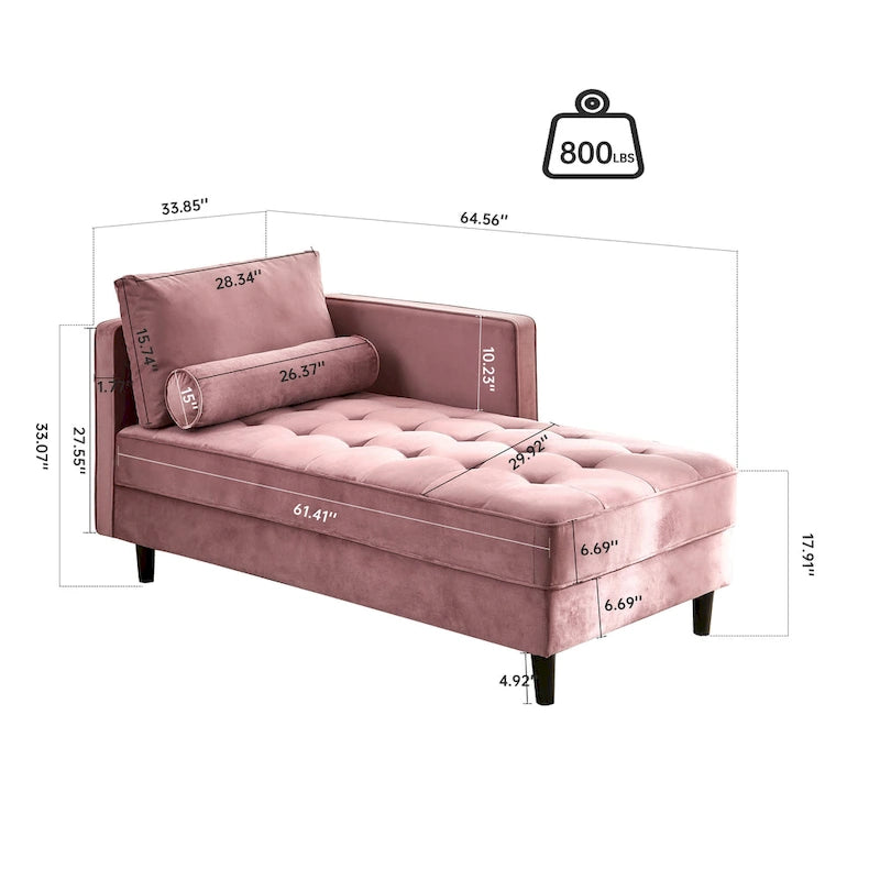 Chaise longue rose en velours capitonné de 64 pouces