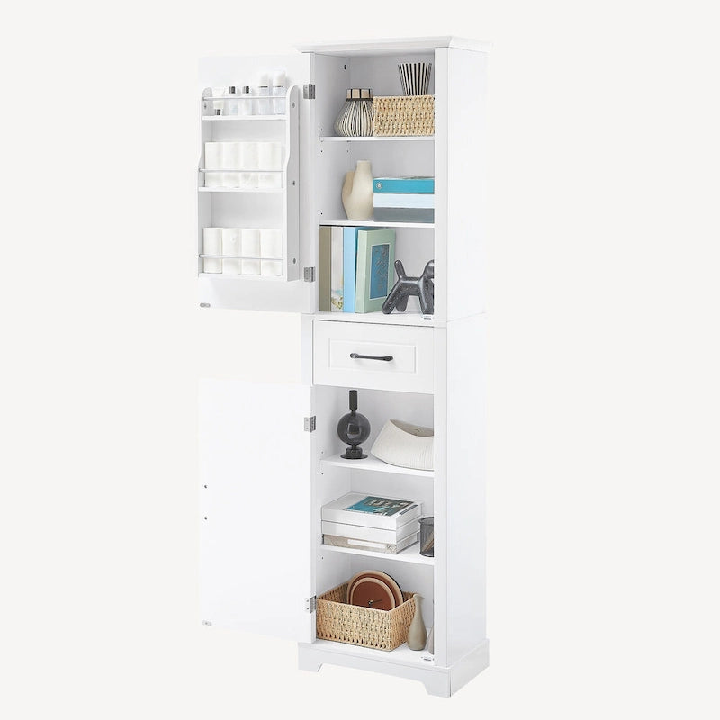 Armoire de rangement de salle de bains autoportante haute, avec 2 portes et 1 tiroir