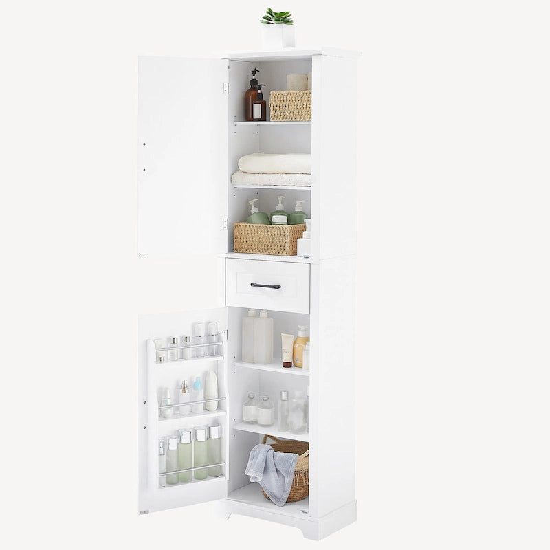 Armoire de rangement de salle de bains autoportante haute, avec 2 portes et 1 tiroir
