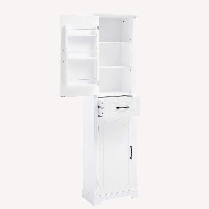 Armoire de rangement de salle de bains autoportante haute, avec 2 portes et 1 tiroir