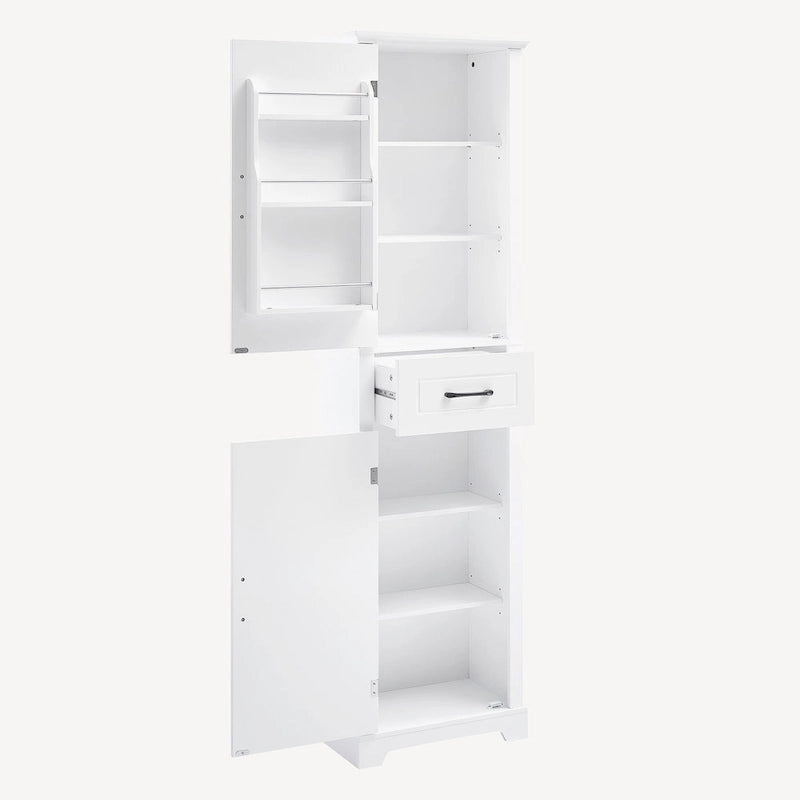 Armoire de rangement de salle de bains autoportante haute, avec 2 portes et 1 tiroir