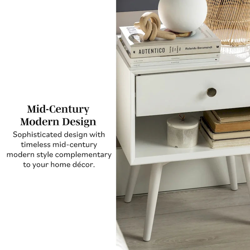 Mid-Century Solid Wood 1-Drawer, 1 Shelf Nightstand