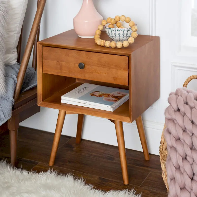 Mid-Century Solid Wood 1-Drawer, 1 Shelf Nightstand