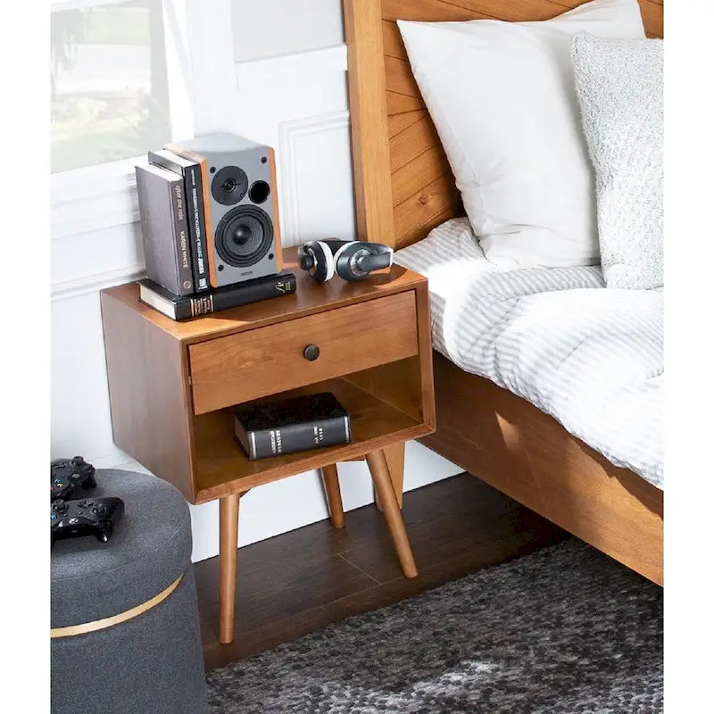 Mid-Century Solid Wood 1-Drawer, 1 Shelf Nightstand