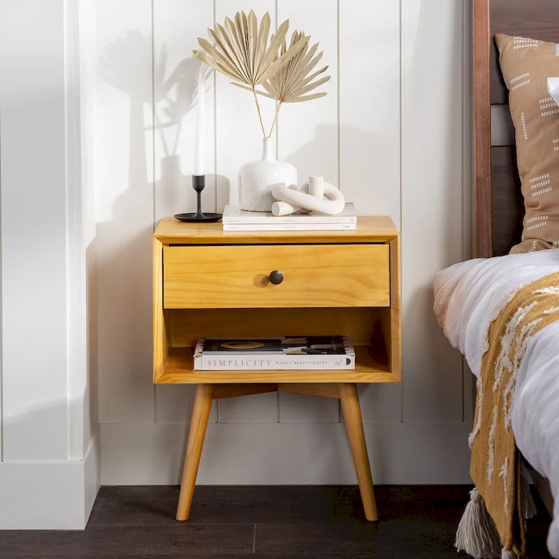 Mid-Century Solid Wood 1-Drawer, 1 Shelf Nightstand