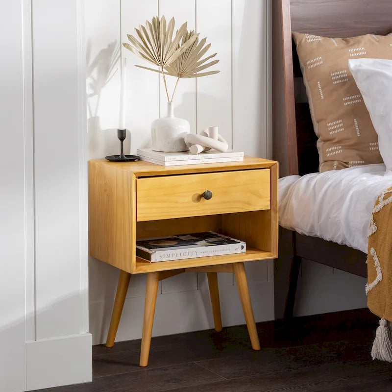 Mid-Century Solid Wood 1-Drawer, 1 Shelf Nightstand