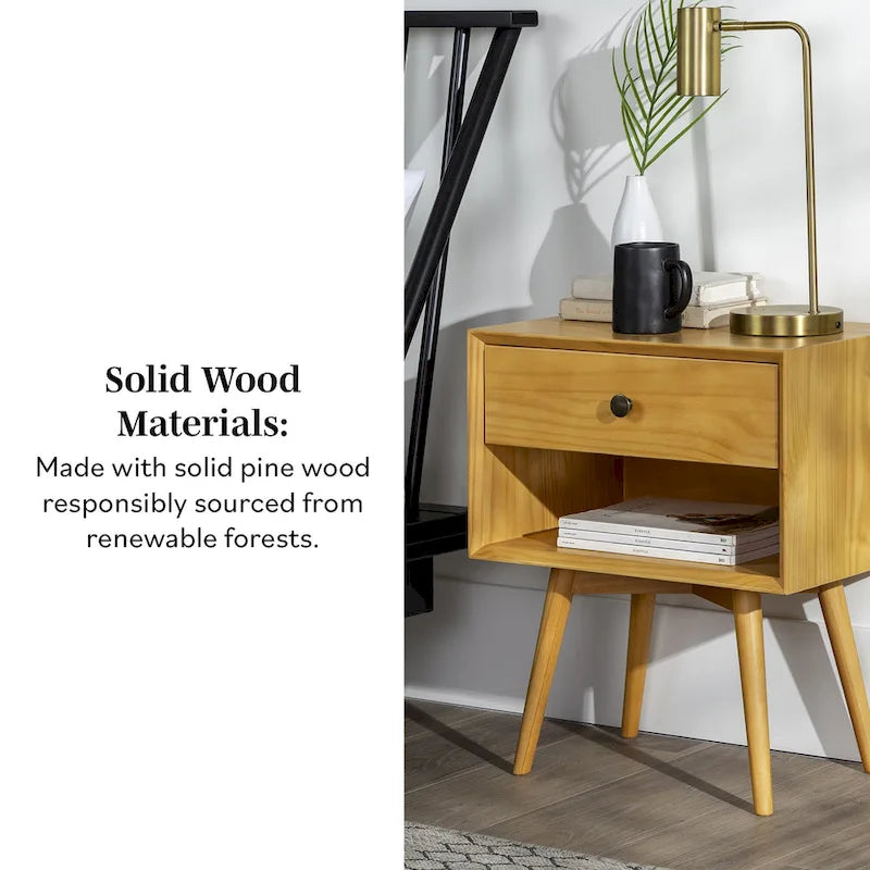 Mid-Century Solid Wood 1-Drawer, 1 Shelf Nightstand