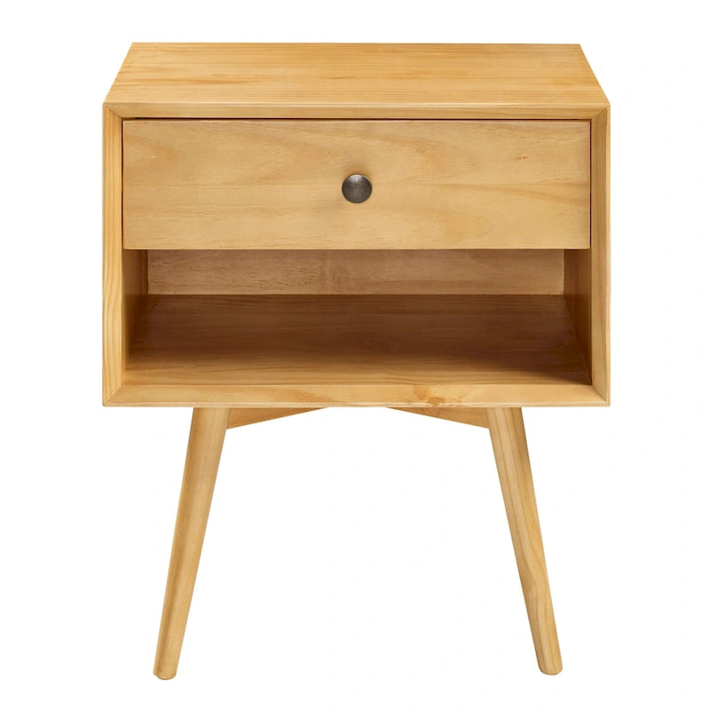 Mid-Century Solid Wood 1-Drawer, 1 Shelf Nightstand