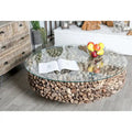 Driftwood Handmade Collage and Pedestal Base Coffee Table with Tempered Glass Top - Brown