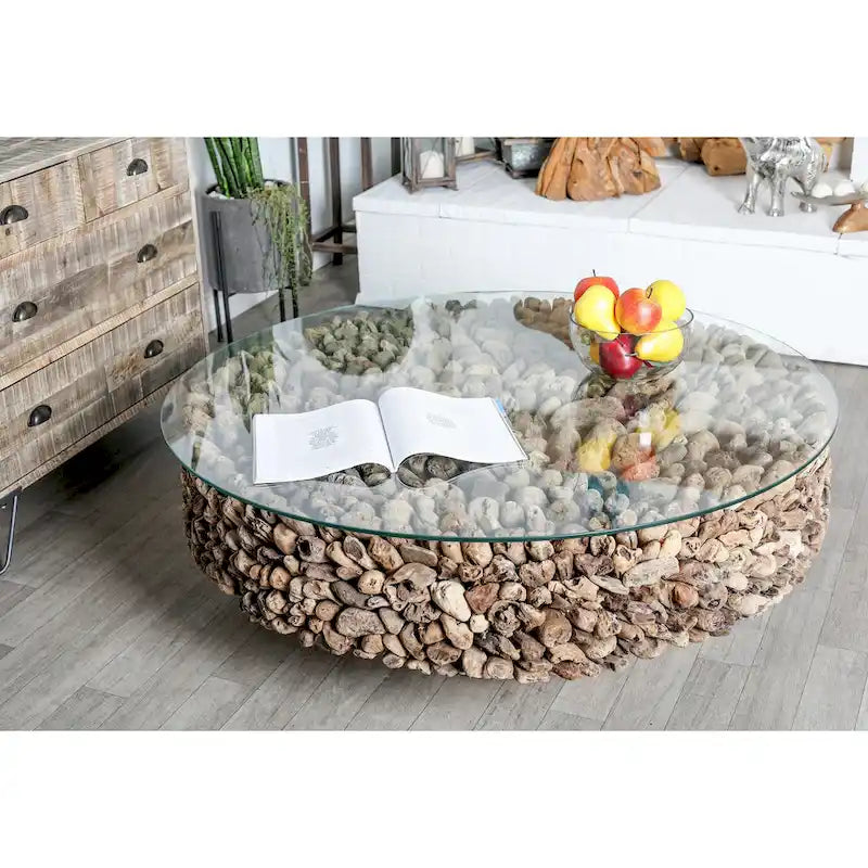 Table basse en bois flotté, collage fait main et base sur piédestal, avec plateau en verre trempé - marron