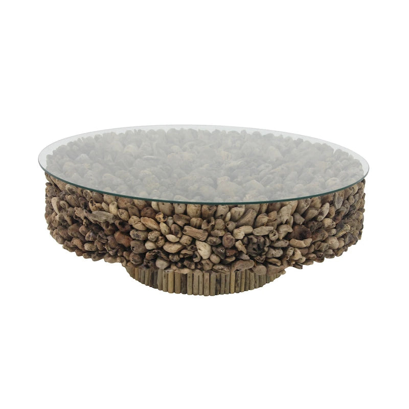 Driftwood Handmade Collage and Pedestal Base Coffee Table with Tempered Glass Top - Brown