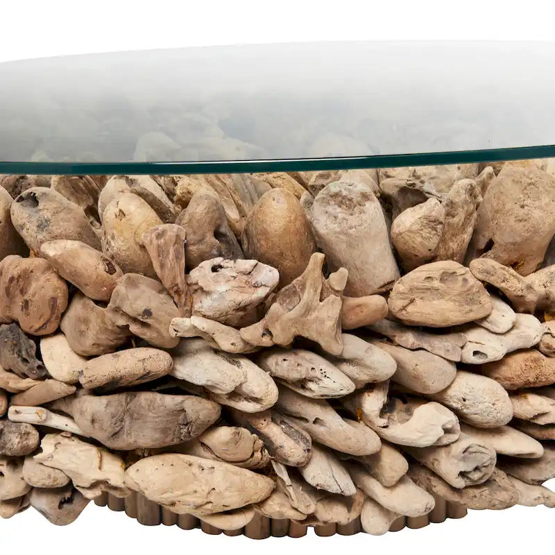Driftwood Handmade Collage and Pedestal Base Coffee Table with Tempered Glass Top - Brown
