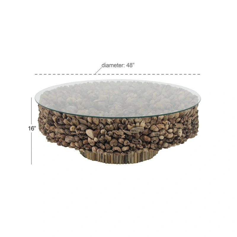 Table basse en bois flotté, collage fait main et base sur piédestal, avec plateau en verre trempé - marron