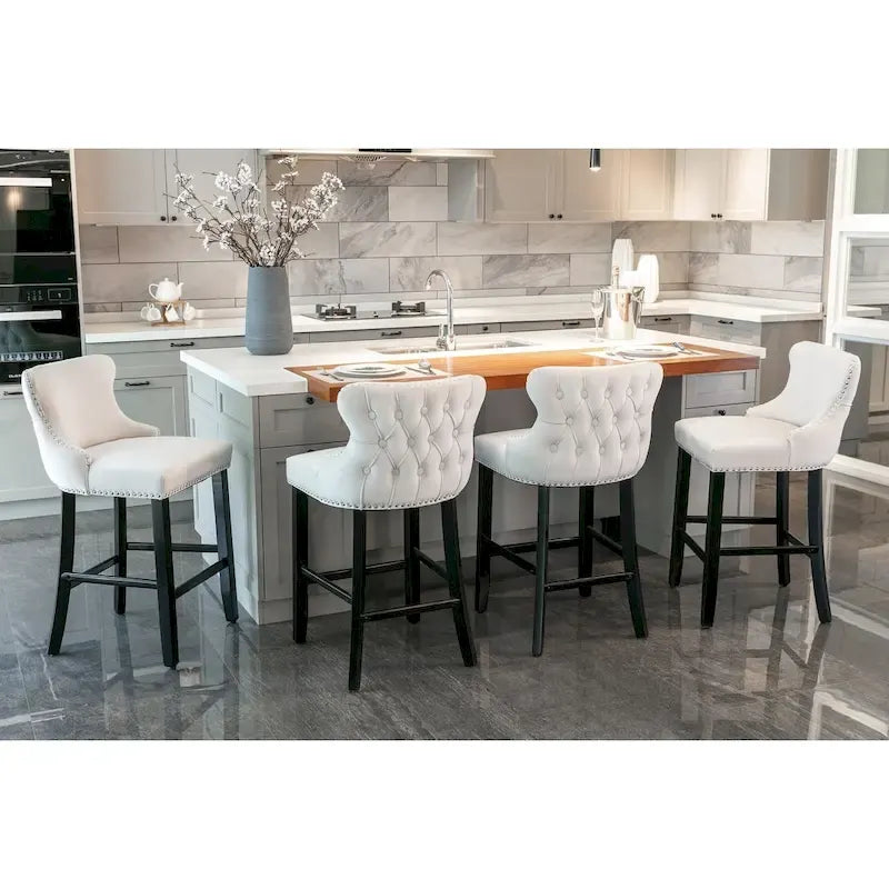 Tabourets de bar en velours à dossier en aile, capitonnés à boutons, lot de 2