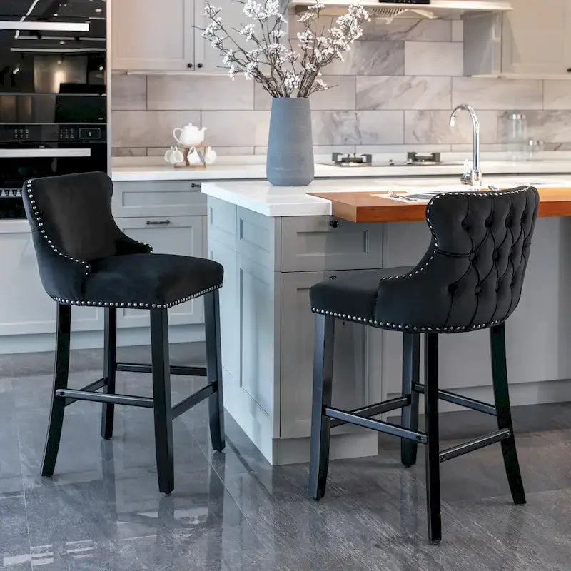 Tabourets de bar en velours à dossier en aile, capitonnés à boutons, lot de 2