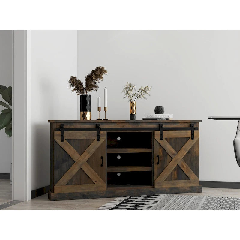 Farmhouse 66 inch Corner TV Stand for TVs up to 80 inches, No Assembly Required, Barnwood Finish