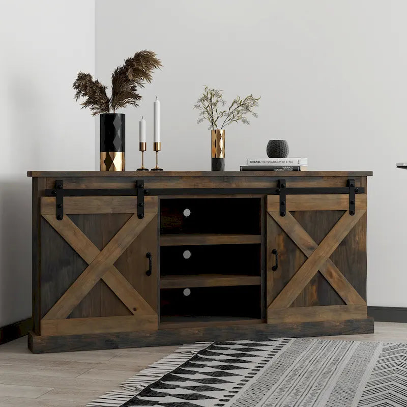 Farmhouse 66 inch Corner TV Stand for TVs up to 80 inches, No Assembly Required, Barnwood Finish