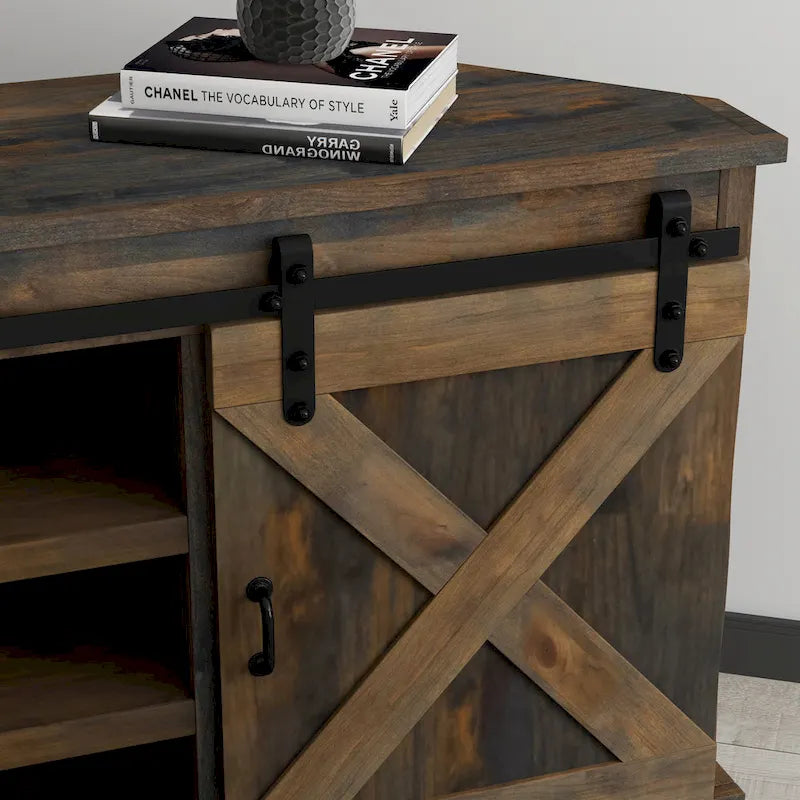 Farmhouse 66 inch Corner TV Stand for TVs up to 80 inches, No Assembly Required, Barnwood Finish