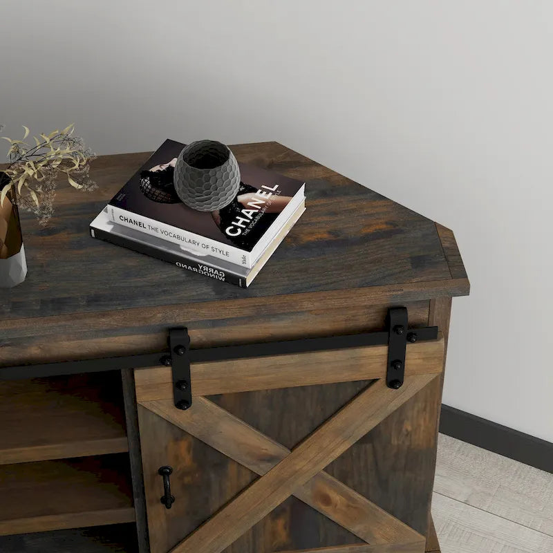 Farmhouse 66 inch Corner TV Stand for TVs up to 80 inches, No Assembly Required, Barnwood Finish