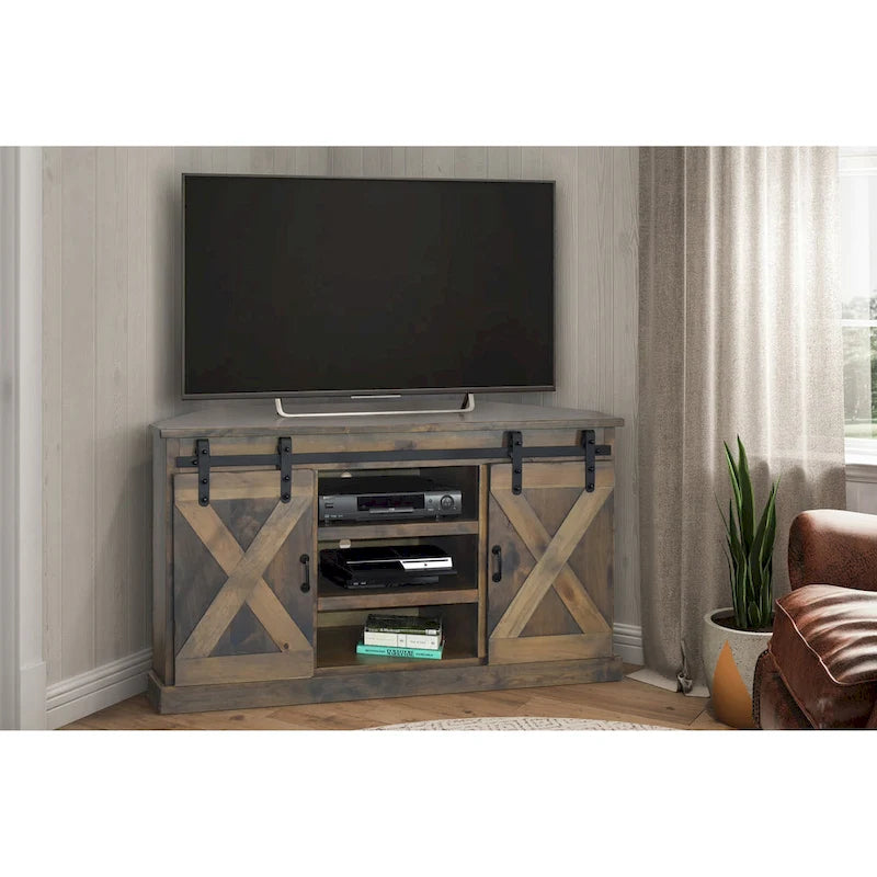 Farmhouse 66 inch Corner TV Stand for TVs up to 80 inches, No Assembly Required, Barnwood Finish
