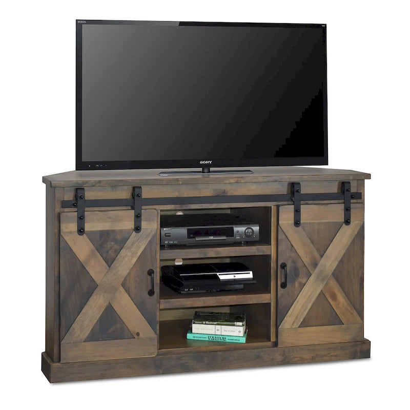 Farmhouse 66 inch Corner TV Stand for TVs up to 80 inches, No Assembly Required, Barnwood Finish