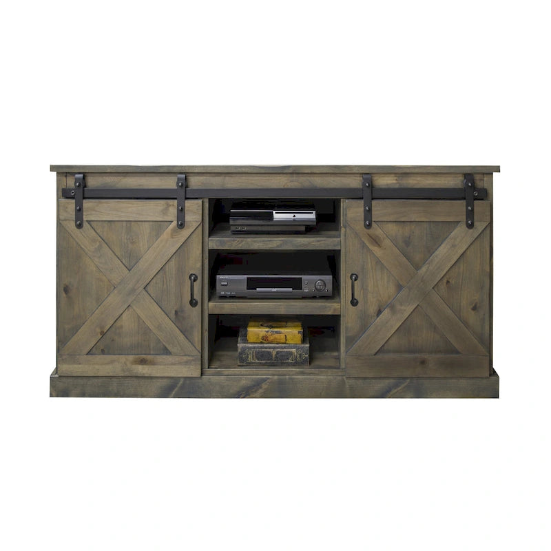 Farmhouse 66 inch Corner TV Stand for TVs up to 80 inches, No Assembly Required, Barnwood Finish