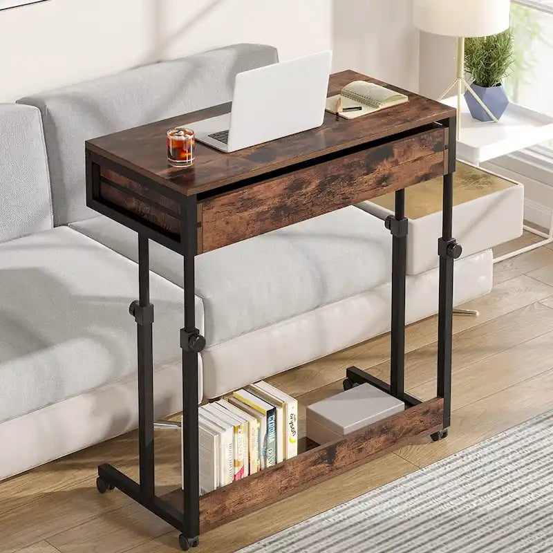 Table d’appoint réglable, bureau portable avec tiroirs et roulettes pour bureau à domicile