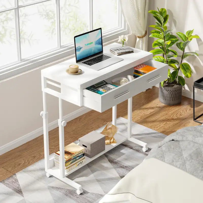 Table d’appoint réglable, bureau portable avec tiroirs et roulettes pour bureau à domicile