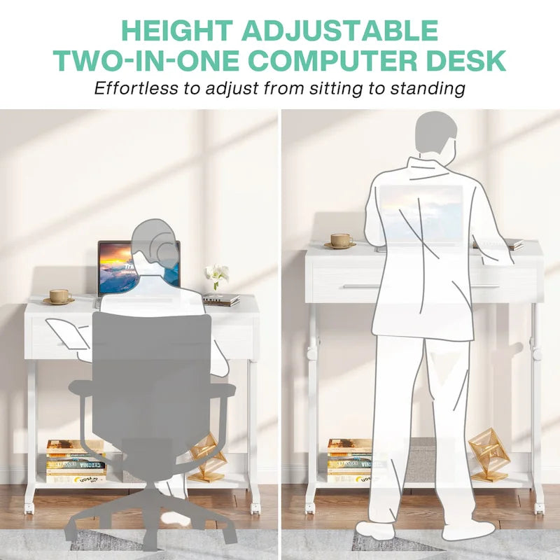 Table d’appoint réglable, bureau portable avec tiroirs et roulettes pour bureau à domicile