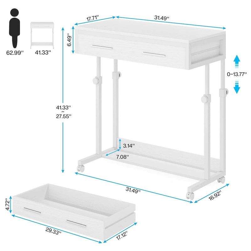 Adjustable Side Table Portable Desk with Drawers and Wheels for Home Office