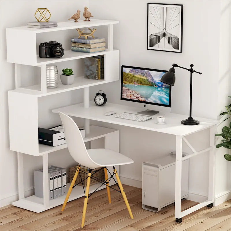 Bureau d'ordinateur rotatif en L avec bibliothèque
