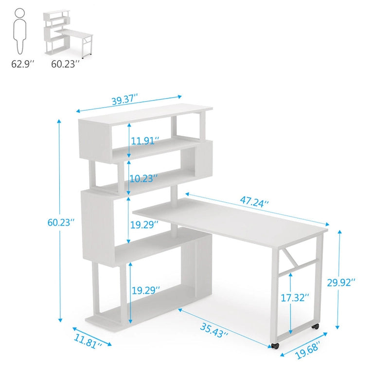 Bureau d'ordinateur rotatif en L avec bibliothèque