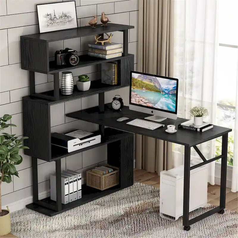 Bureau d'ordinateur rotatif en L avec bibliothèque