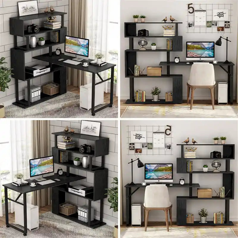 Bureau d'ordinateur rotatif en L avec bibliothèque