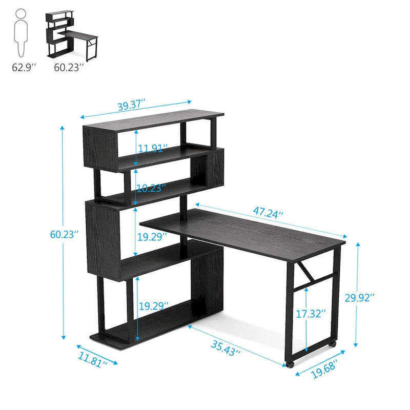 Bureau d'ordinateur rotatif en L avec bibliothèque