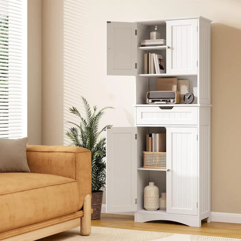 Armoire blanche de rangement alimentaire de cuisine autoportante de 66.5 pouces de hauteur, avec tiroirs coulissants en métal et tongs